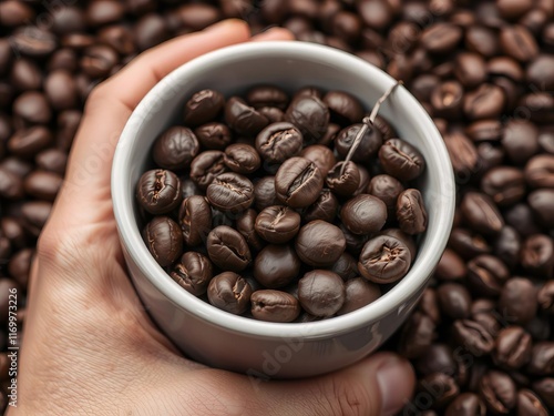 Close up of raw coffee beans on a black background, with a coffee cup in the middle, showcasing the natural and energizing qualities of this hot drink, close up, background photo