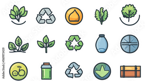 Eco-Friendly Icon Set:  A vibrant collection of eco-conscious icons, including recycling symbols, plant life, water bottles, and more, perfect for websites and applications promoting sustainability. 