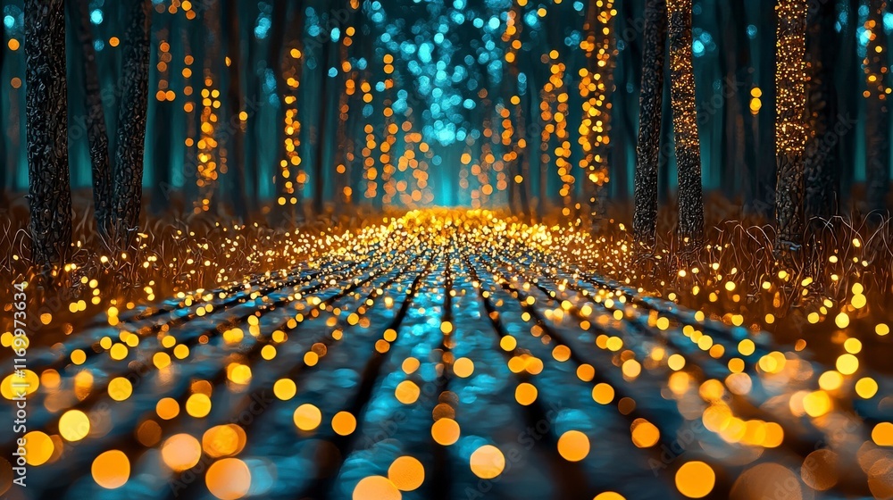Naklejka premium Enchanted Forest Pathway with Glowing Lights and Dreamy Atmosphere in Evening Setting