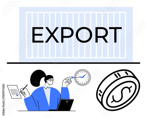 Businesswoman working on export documentation with laptop, clock, and dollar coin. Ideal for international trade, logistics, finance, supply chain, global business economics time management. Line