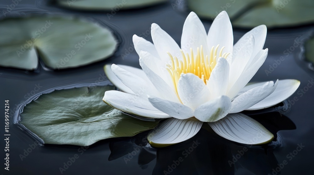 Close-up of a pristine white water lily floating serenely on dark water, surrounded by lily pads. Close-up of a pristine white water lily floating serenely on dark water, surrounded by lily pads.