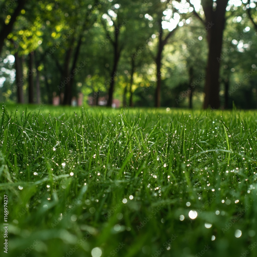 Naklejka premium Dew on vibrant green grass in sunlight