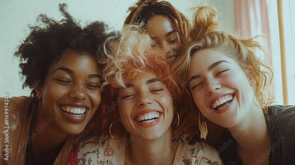 Fototapeta premium Four diverse women embracing, laughing, and smiling closely together.