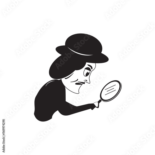 Character Vector: Black hat detective icon identifying the case using magnifier tool. Nice asset for icon, logo, and design material.