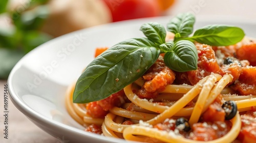 Close up of a plate of delicious pasta topped with tomato sauce and fresh basil leaves, with copy space for text or design, pasta, design photo