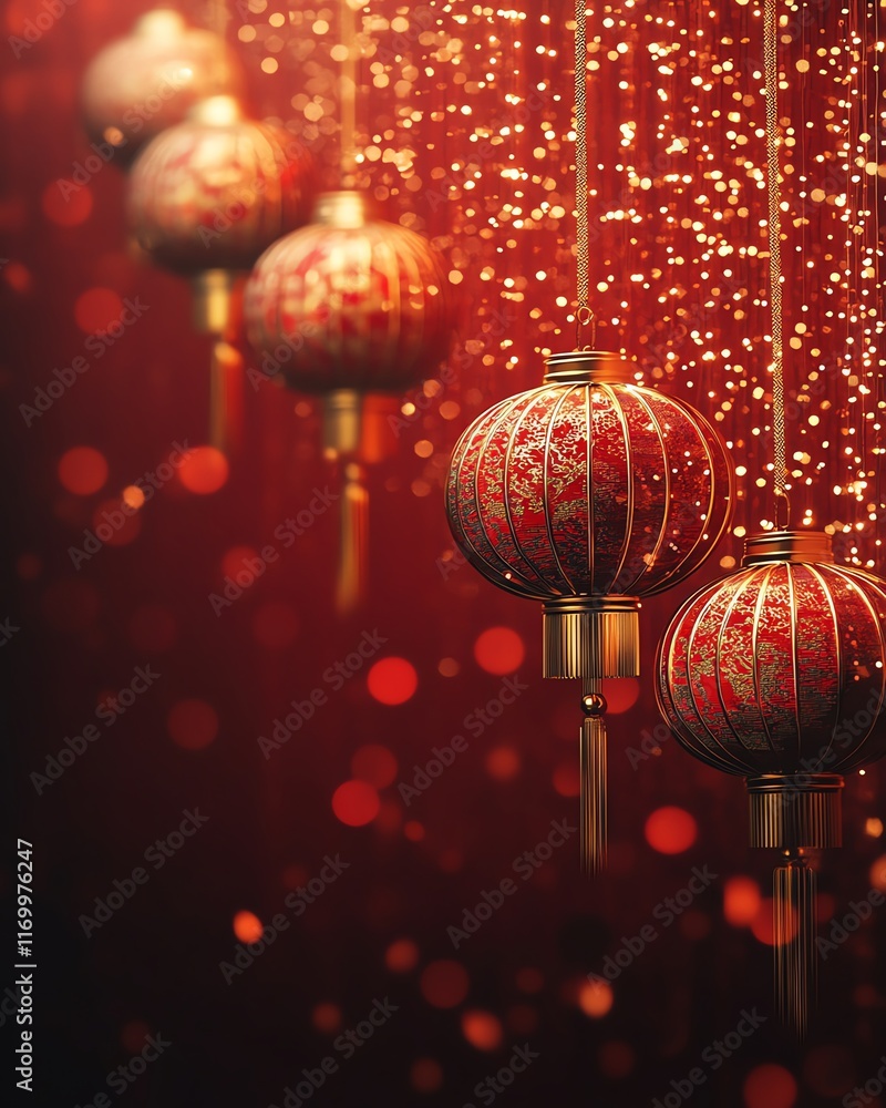 Stylish Chinese New Year background, shimmering gold accents, classic red backdrop, festive lanterns, room for text or designs Stylish Chinese New Year background, shimmering gold accents, classic red backdrop, festive lanterns, room for text or designs