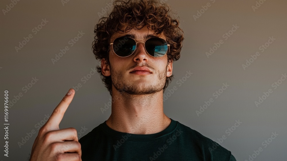 Obraz premium Trendy Young Man Sunglasses Studio Portrait Serious Pointing Casual