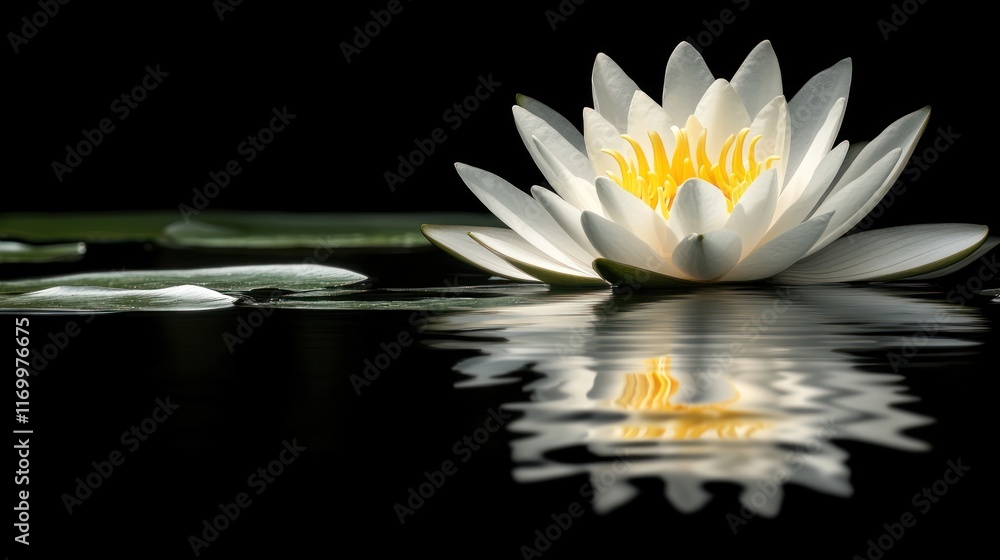 Close-up of a pristine white lotus flower resting on dark water, with a perfect reflection. Close-up of a pristine white lotus flower resting on dark water, with a perfect reflection.
