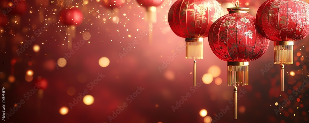 Elegant New Year festive backdrop, intricate Chinese designs, glowing red lanterns, golden accents, bannerfriendly negative space Elegant New Year festive backdrop, intricate Chinese designs, glowing red lanterns, golden accents, bannerfriendly negative space