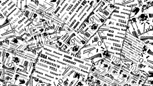 楽器のロゴイラストのシームレスパターン モノクロ windorchestra pattern