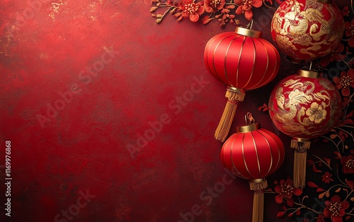 Elegant Chinese New Year background, vibrant red and gold colors, traditional lanterns and cultural ornaments, intricate patterns, banner copy space photo