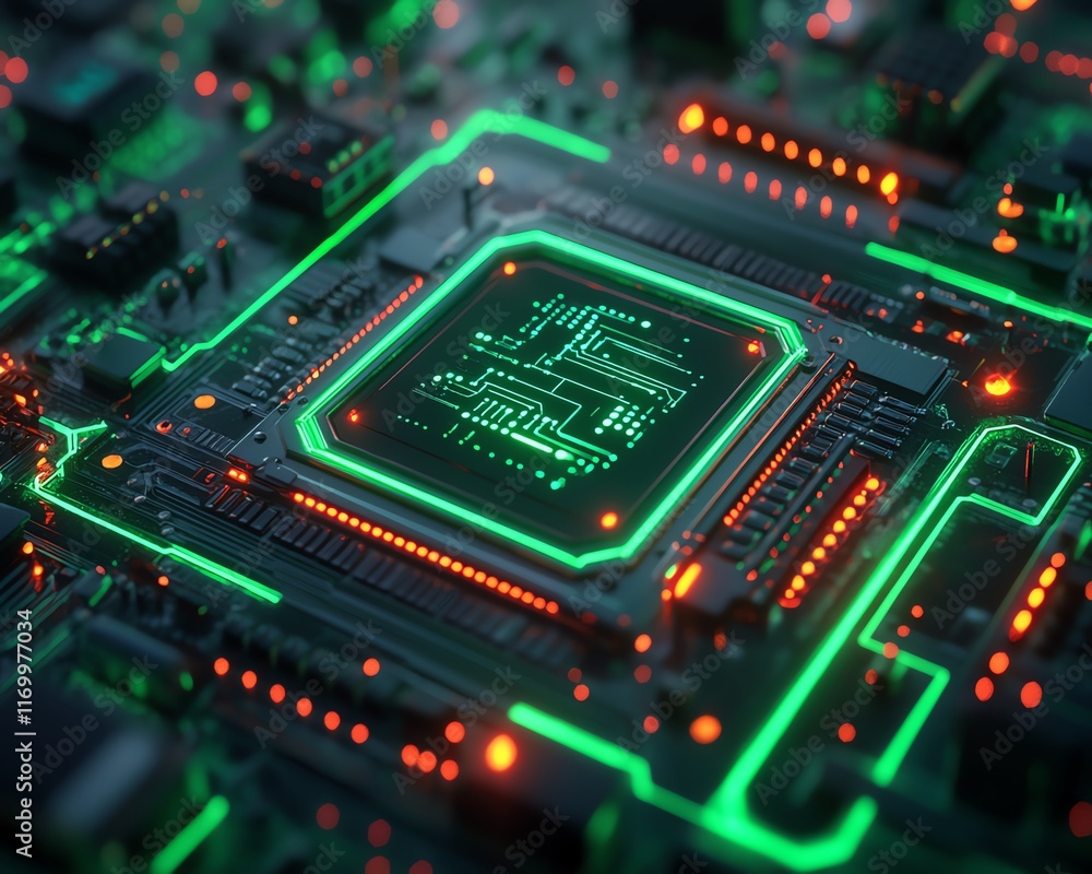 Futuristic circuit board with neon green lights, complex AI circuitry, advanced technology concept, glowing connections, digital innovation and progress Futuristic circuit board with neon green lights, complex AI circuitry, advanced technology concept, glowing connections, digital innovation and progress
