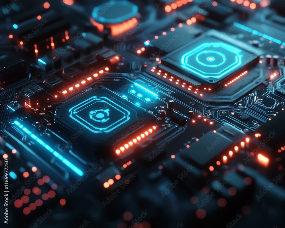 Glowing digital circuit board with electric blue lights, AI and technology fusion, futuristic innovation, techdriven design, artificial intelligence concept Glowing digital circuit board with electric blue lights, AI and technology fusion, futuristic innovation, techdriven design, artificial intelligence concept