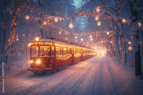 Festive snowy tram in a winter wonderland, illuminated by warm lights, on a snow-covered path through a park with decorated trees.