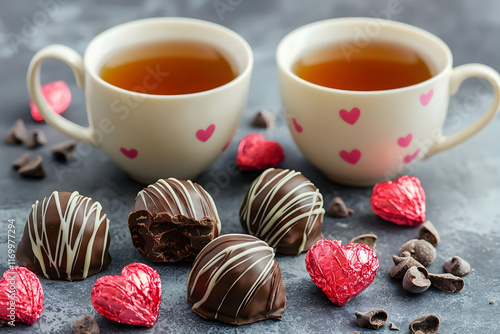 cup of tea and cookies on table background in concept of valentine day 14th February 2025 with gift rose flower love heart romance and romantic in pink and red