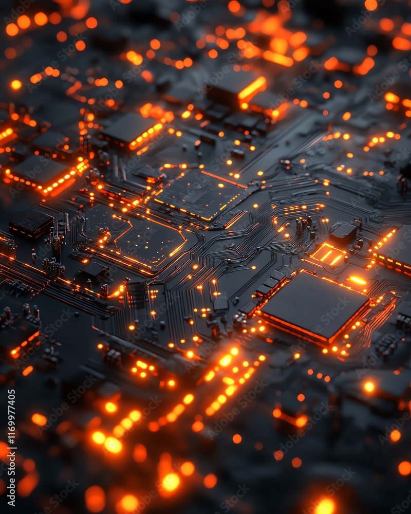 Modern digital circuit board, bright glowing lights, intricate lines, advanced AI technology, innovative future design, cyberpunk style, neon effects Modern digital circuit board, bright glowing lights, intricate lines, advanced AI technology, innovative future design, cyberpunk style, neon effects