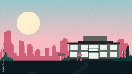 Hotel Building Landscape with Cityscape and Sun in Twilight