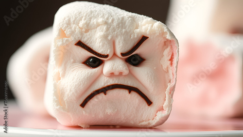 A bitten marshmallow with a dissatisfied anthropomorphic face. Pareidolia. Angry grimace. The concept of harmful or spoiled food. Expired dessert. Unpalatable sweetness. The living in the nonliving photo