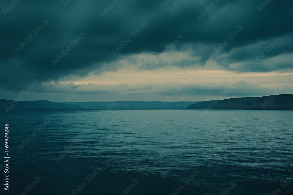 Fototapeta premium Moody seascape under dark clouds at sunset.