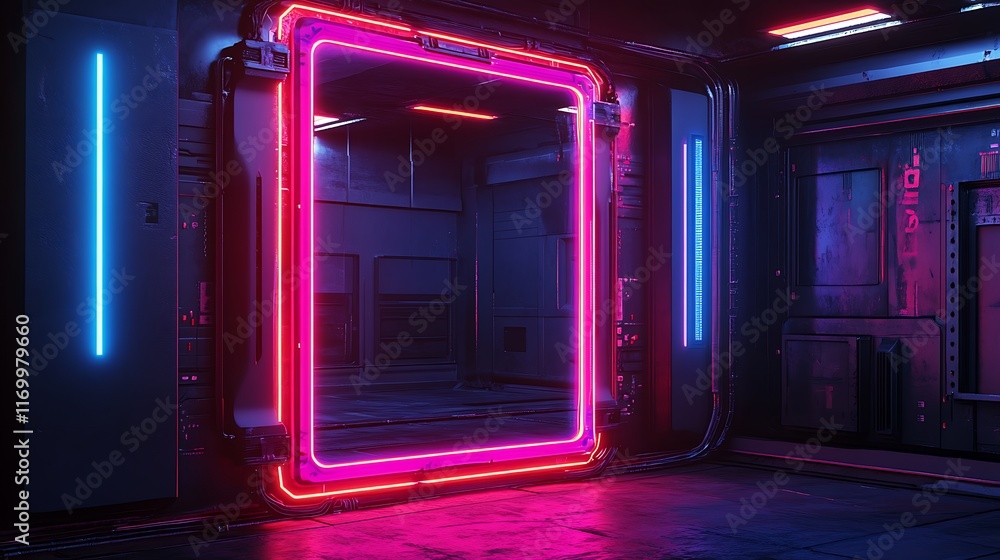 Fototapeta premium A futuristic rectangular mirror with a metallic border painted with glowing neon patterns in electric blues and purples, mounted on a high-tech wall with dynamic LED lighting,