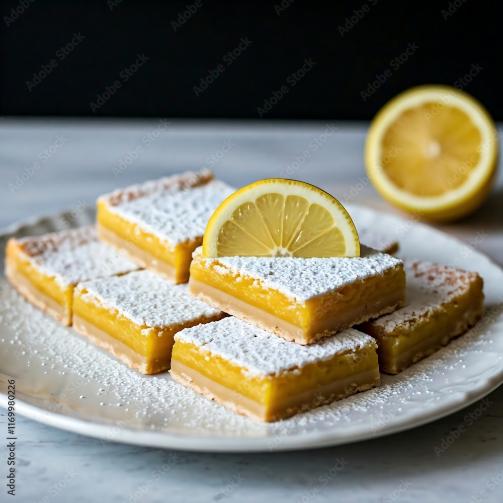 A plate of golden, square-shaped lemon bars dusted with powdered sugar. lemon bars, lemon, dessert, pastry, bakery, sweet, tart, citrus, confectionery, food, culinary, gourmet, treat, indulgence, tast A plate of golden, square-shaped lemon bars dusted with powdered sugar. lemon bars, lemon, dessert, pastry, bakery, sweet, tart, citrus, confectionery, food, culinary, gourmet, treat, indulgence, tast