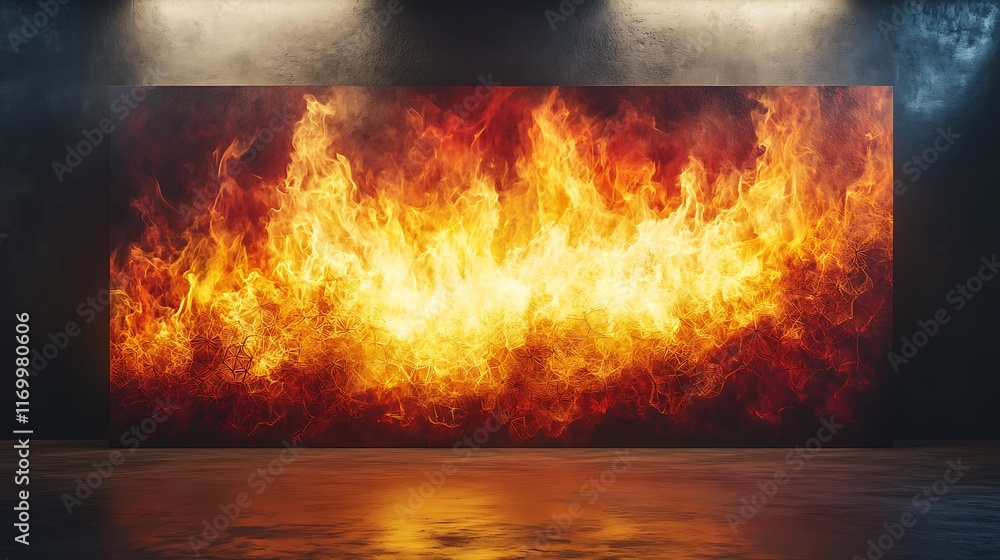 Fototapeta premium A large art canvas showcasing a fiery gradient transitioning from red to yellow, with fractal flame patterns spreading across the design,