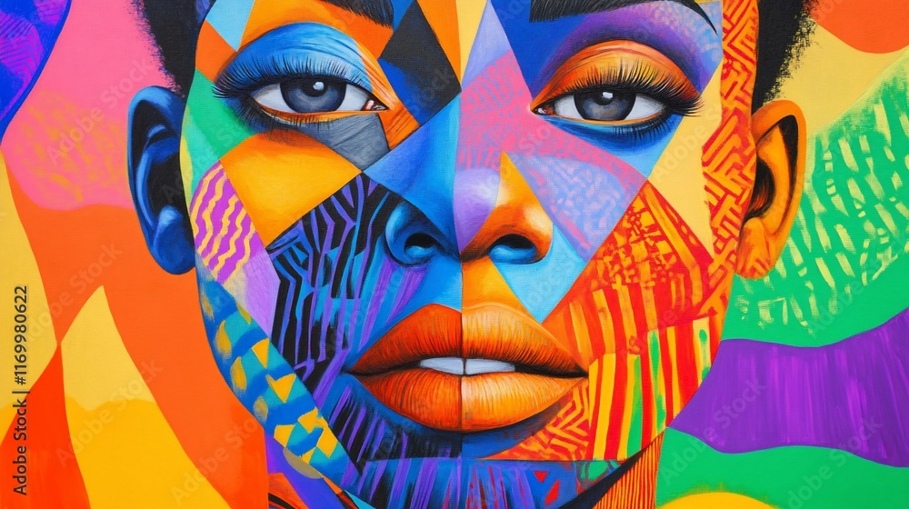 Colorful abstract female face art, vibrant geometric patterns, bold colors. Colorful abstract female face art, vibrant geometric patterns, bold colors.