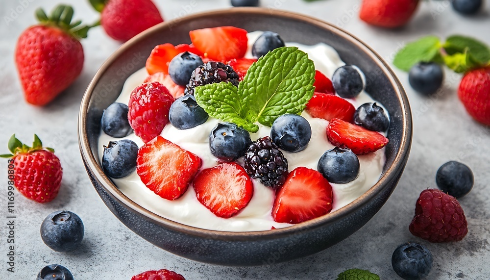 A bowl of yogurt topped with fresh strawberries, blueberries, and mint leaves. A bowl of yogurt topped with fresh strawberries, blueberries, and mint leaves.