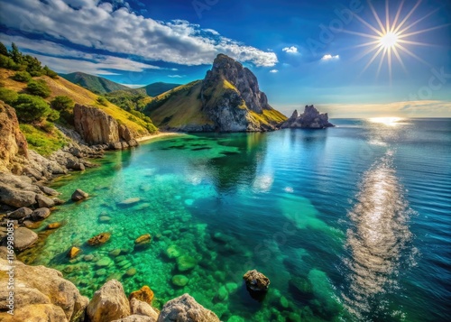 Crimean Tarkhankut's turquoise waters gleam under the sun, a coastal paradise captured. photo