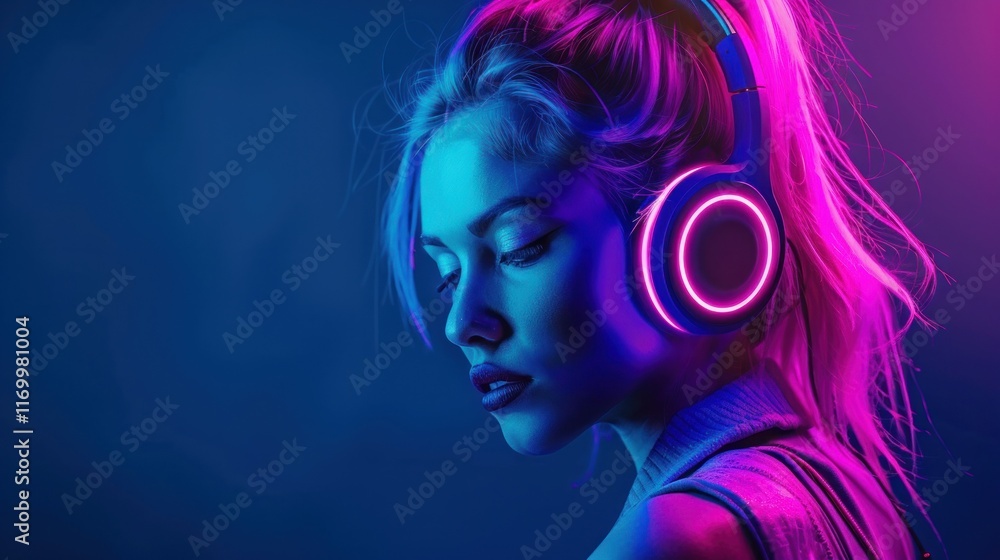 Beautiful pink haired woman in futuristic costume on dark blue background, AI generated image Beautiful pink haired woman in futuristic costume on dark blue background, AI generated image