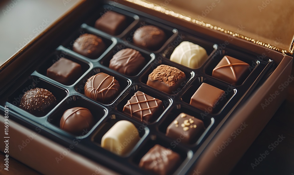 A box of assorted chocolates arranged neatly for gifting or indulgence. A box of assorted chocolates arranged neatly for gifting or indulgence.