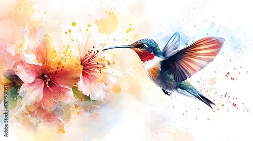 Hummingbird feeding on hibiscus bloom nature watercolor art vibrant
