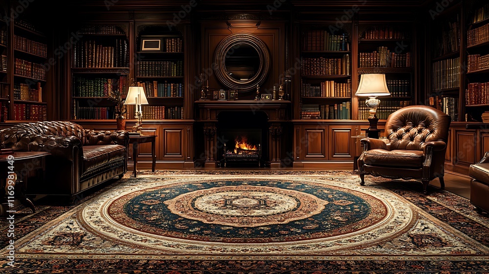 Obraz premium A luxurious oriental rug with elaborate medallion patterns in muted greens and golds, spread out in an opulent study with leather furniture,