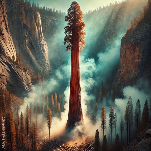 Towering Redwood A tall slender column of smoke that rises strai photo