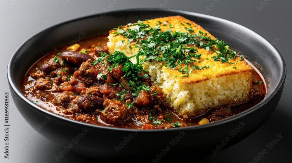 Bowl of hot chili with cornbread, garnished with fresh herbs, Isolated, White background, Editorial Photography, Studio lighting, Magazine foods style