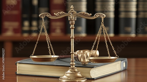 A brass scale and gavel on a law book, symbolizing justice and legal proceedings. photo