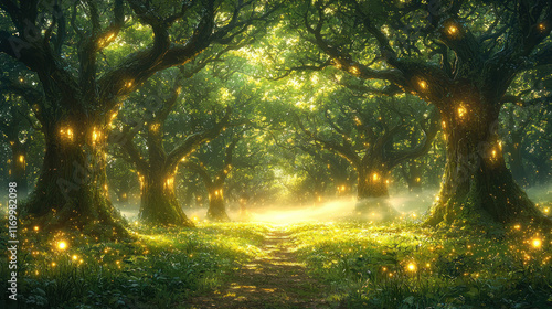 Magical enchanted forest path with glowing fireflies at sunrise.