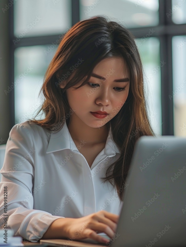 The image depicts a young woman using her laptop at an office desk, with a focused expression. The environment suggests a professional setting. The image depicts a young woman using her laptop at an office desk, with a focused expression. The environment suggests a professional setting.