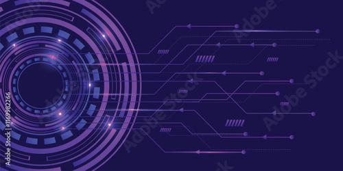 Hi tech circuit board design innovation concept. Technology abstract on purple background
