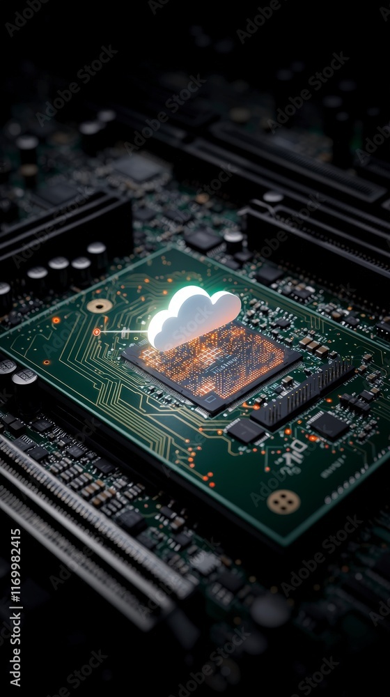 Fototapeta premium Futuristic Cloud Computing Data Storage Technology on Microchip Motherboard