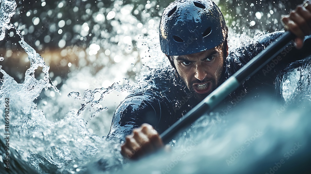 Fototapeta premium Close-up of a male athlete intensely navigating a canoe during a slalom competition, water splashing dynamically around him