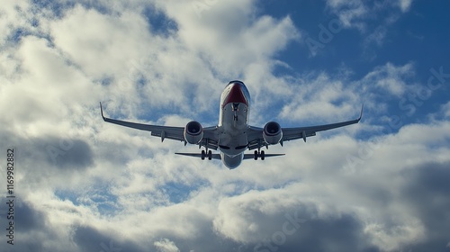 Airplane Landing: Majestic View of Aircraft Descending Through Clouds photo