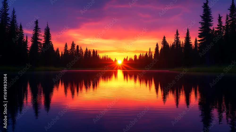 Fototapeta premium Sunset reflection over calm lake forest landscape nature photography