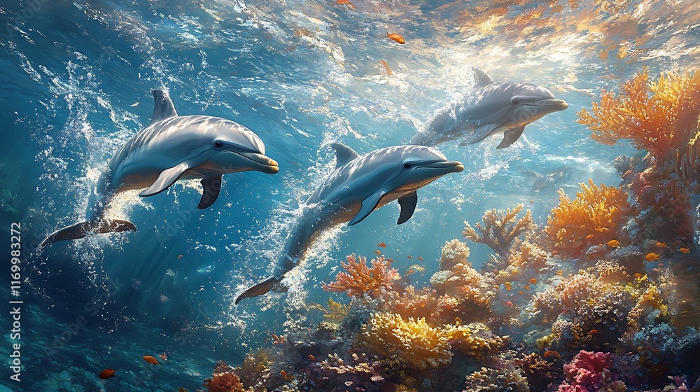 Naklejka premium Dolphins swimming gracefully among coral reefs ocean underwater scene