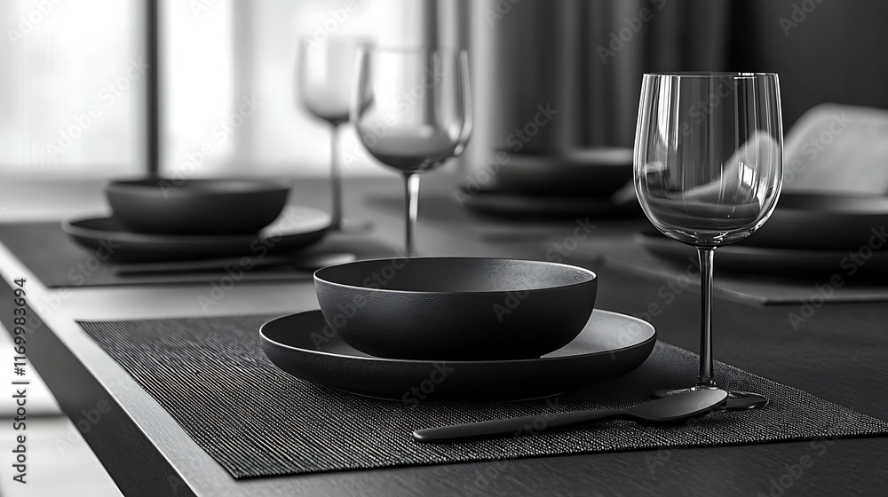 A minimalist rectangular placemat with bold monochrome stripes, set on a contemporary dining table with matte black dishware, sharp lighting emphasizing clean lines, modern and sophisticated design, A minimalist rectangular placemat with bold monochrome stripes, set on a contemporary dining table with matte black dishware, sharp lighting emphasizing clean lines, modern and sophisticated design,