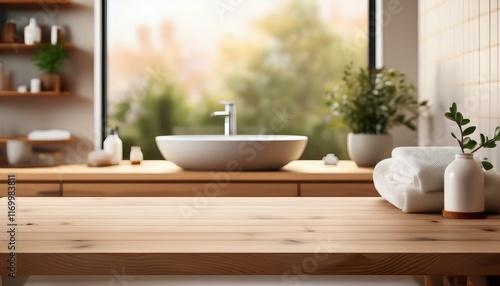 Wallpaper Mural An empty tabletop provides a perfect setting for product display against a blurred bathroom Torontodigital.ca