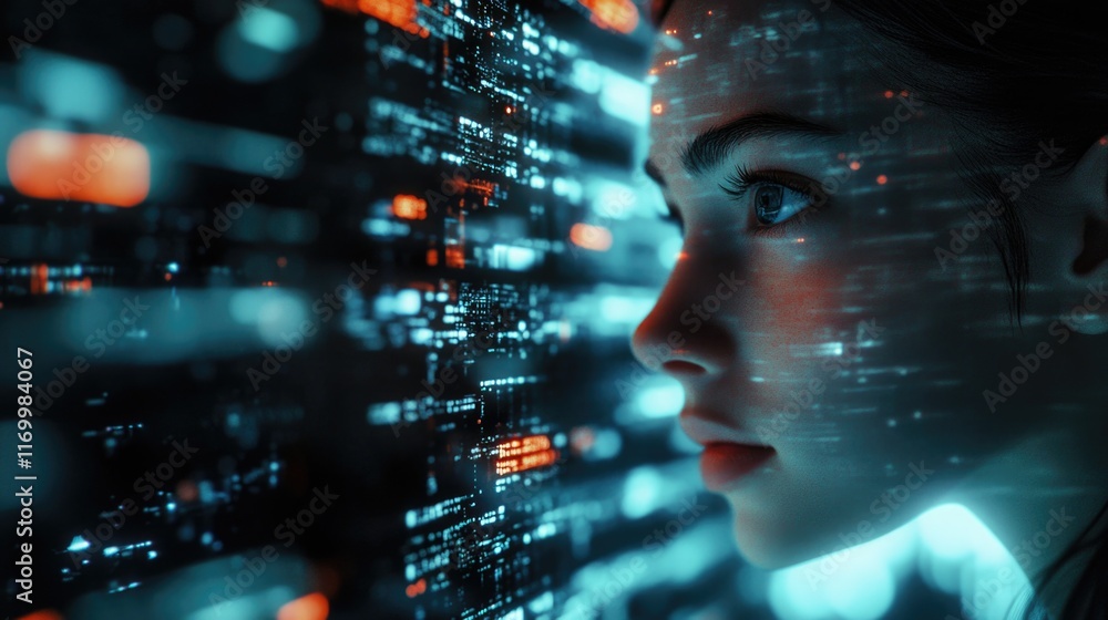 A woman immersed in an AI-driven virtual world, surrounded by complex digital interfaces and futuristic technology. A woman immersed in an AI-driven virtual world, surrounded by complex digital interfaces and futuristic technology.