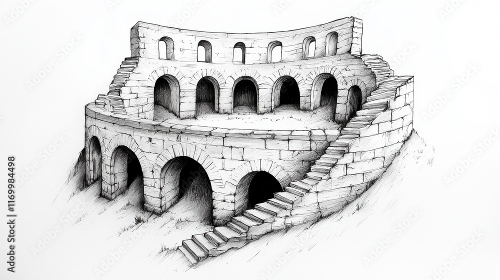 Obraz premium Hand-drawn sketch of ancient stone amphitheater with stairs and arches