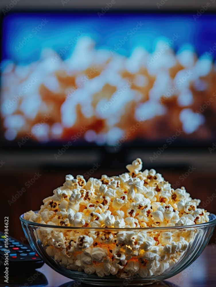 A bowl of popcorn on a table in front of a television, indicating a movie night at home. A bowl of popcorn on a table in front of a television, indicating a movie night at home.