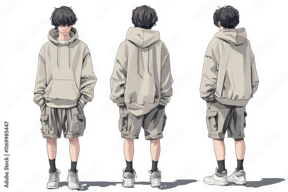 Anime Boy Model Poses Hooded Sweatshirt Cargo Shorts